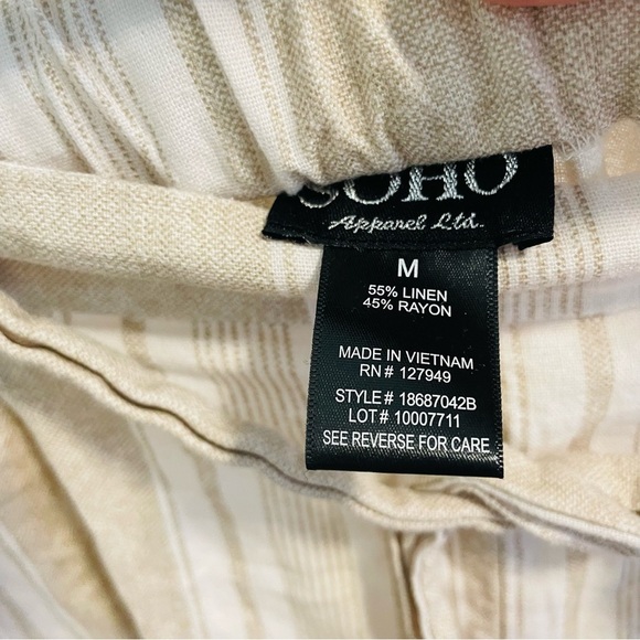 SOHO woman Striped Tan and White trousers MED front tie linen beach lightweight - Picture 9 of 10